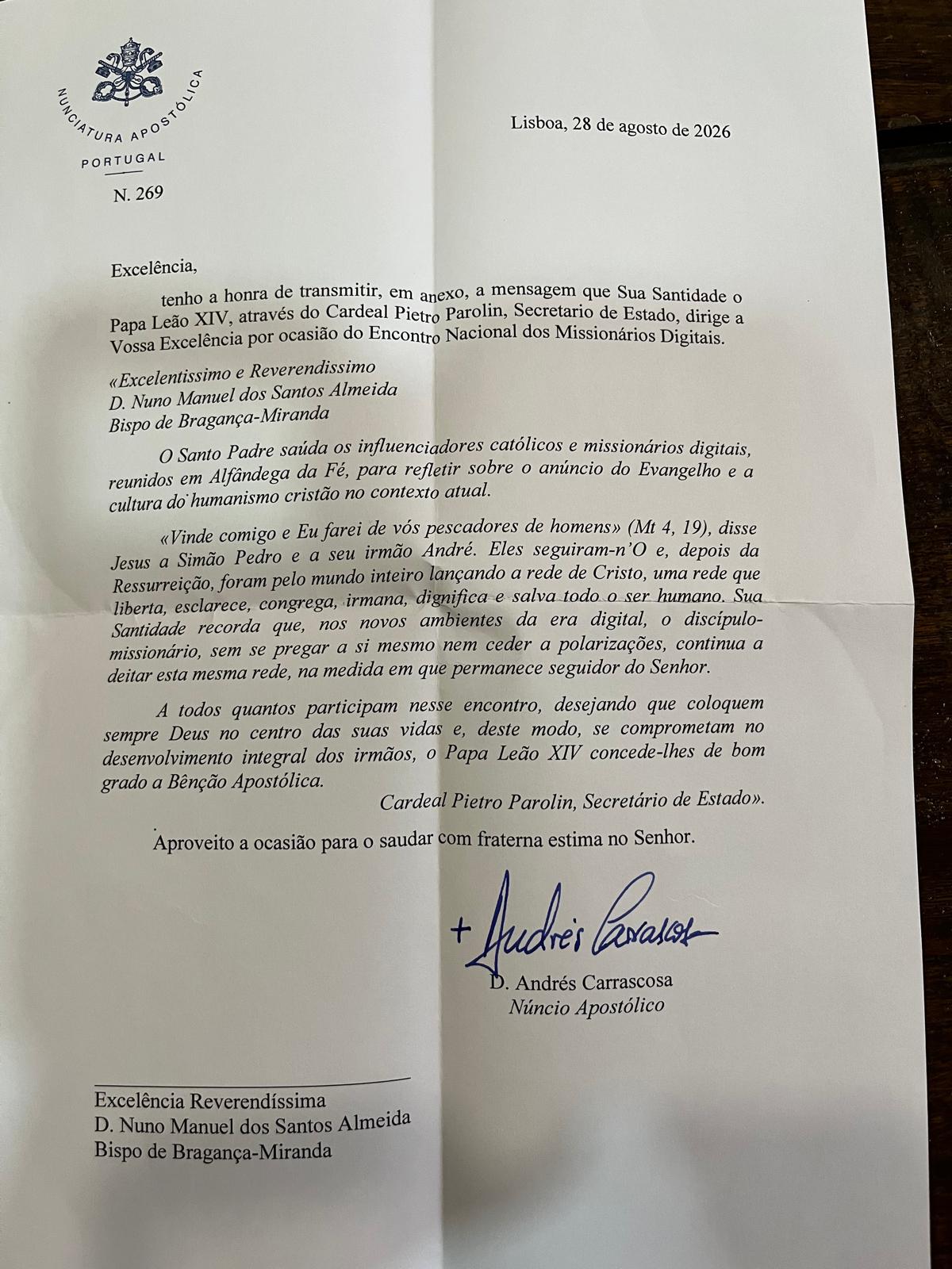 Carta da Nunciatura Apostólica em Portugal com a mensagem do Papa Leão XIV ao Encontro Nacional dos Missionários Digitais