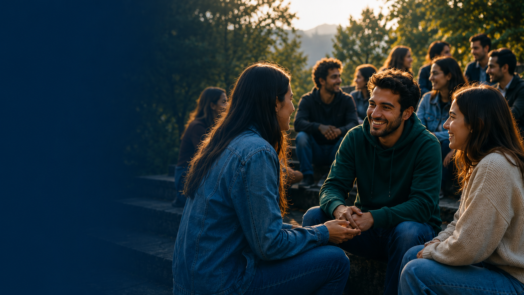 Jovens missionários digitais reunidos ao pôr do sol